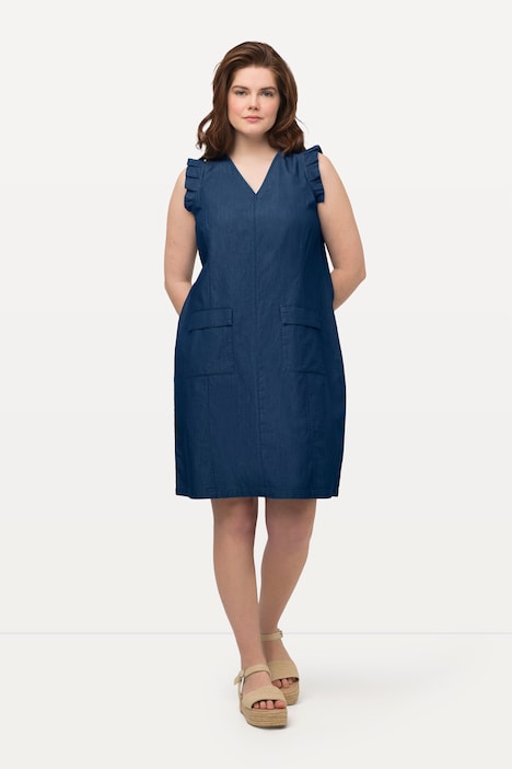 Kleid, Jeansoptik, A-Linie, V-Ausschnitt, Flügelärmel