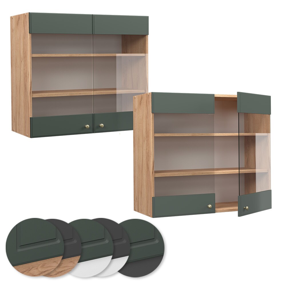 Vicco Hängeglasschrank Küchenschrank Küchenmöbel Fame-Line Eiche Grün-Gold Landhaus 80 cm Küche Einbauküche Hängeschrank Glasschrank Drehtür Einlegeboden Küchenzeile