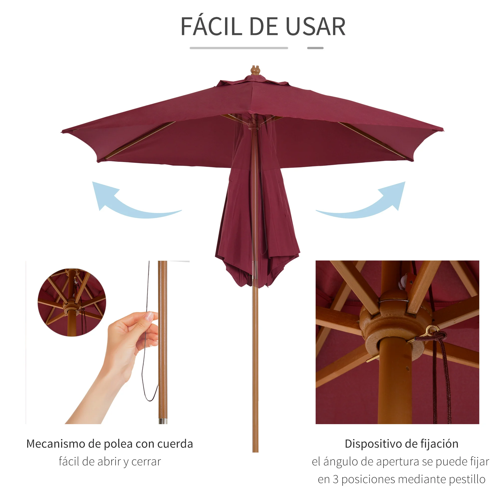 Guarda-sol de madeira Outsunny Ø250x230cm para uso externo com 6 varetas, sistema de corda com fixação removível, portátil, fácil de guardar e transportar, vermelho vinho