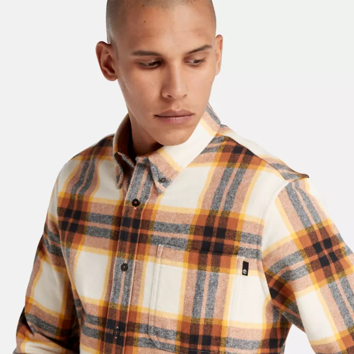 Camisa de flanela xadrez masculina em branco/laranja