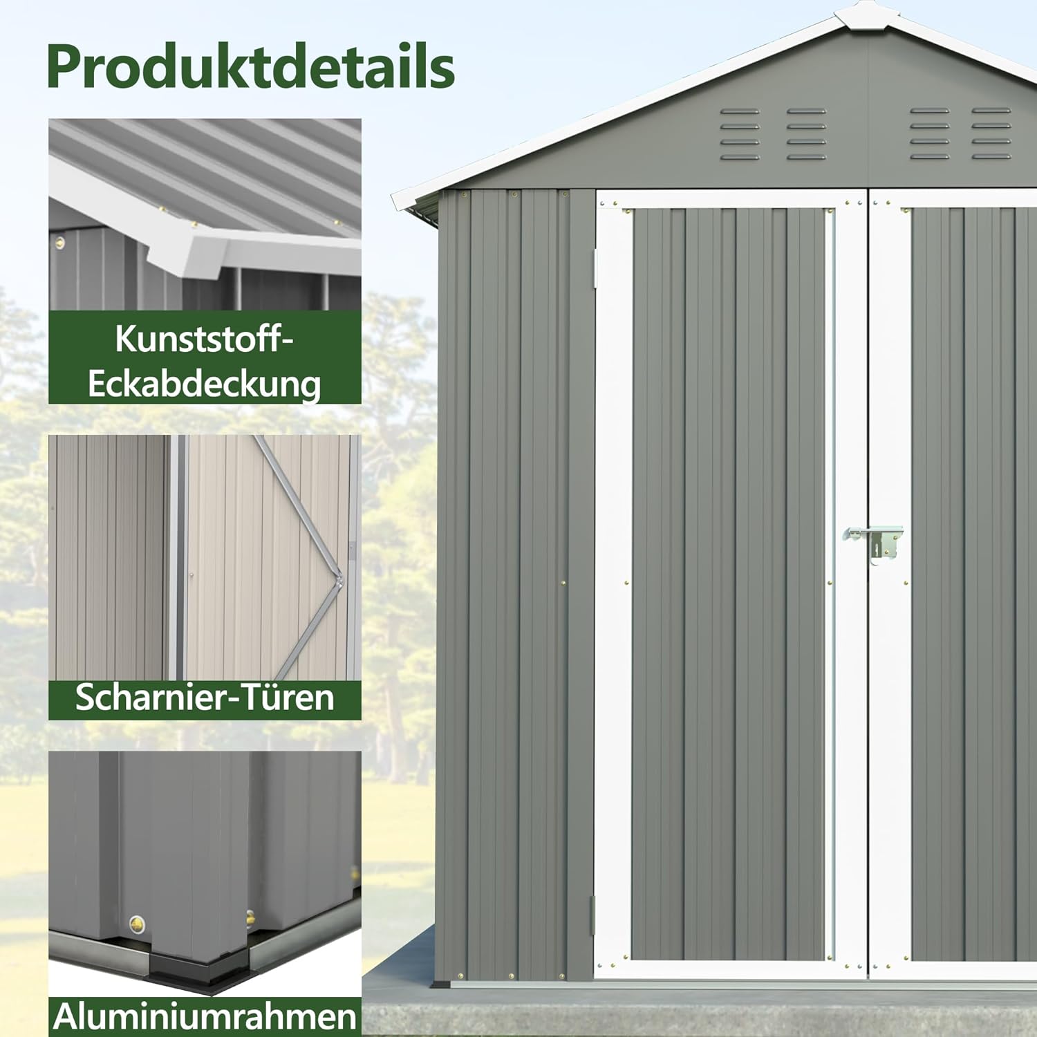 Metall Gerätehaus Gartenhaus 185x182x191cm, Geräteschuppen mit Fenster & Satteldach, wetterfest Gartenschuppen Inkl. Metallfundament (ohne Boden) für Outdoor Garten Terrasse, Grau