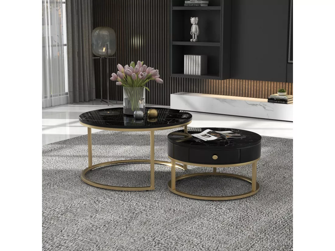 Lot de 2 tables basses rondes gigognes avec 1 tiroir moderne motif marbre brillant - bois MDF et métal doré - Noir