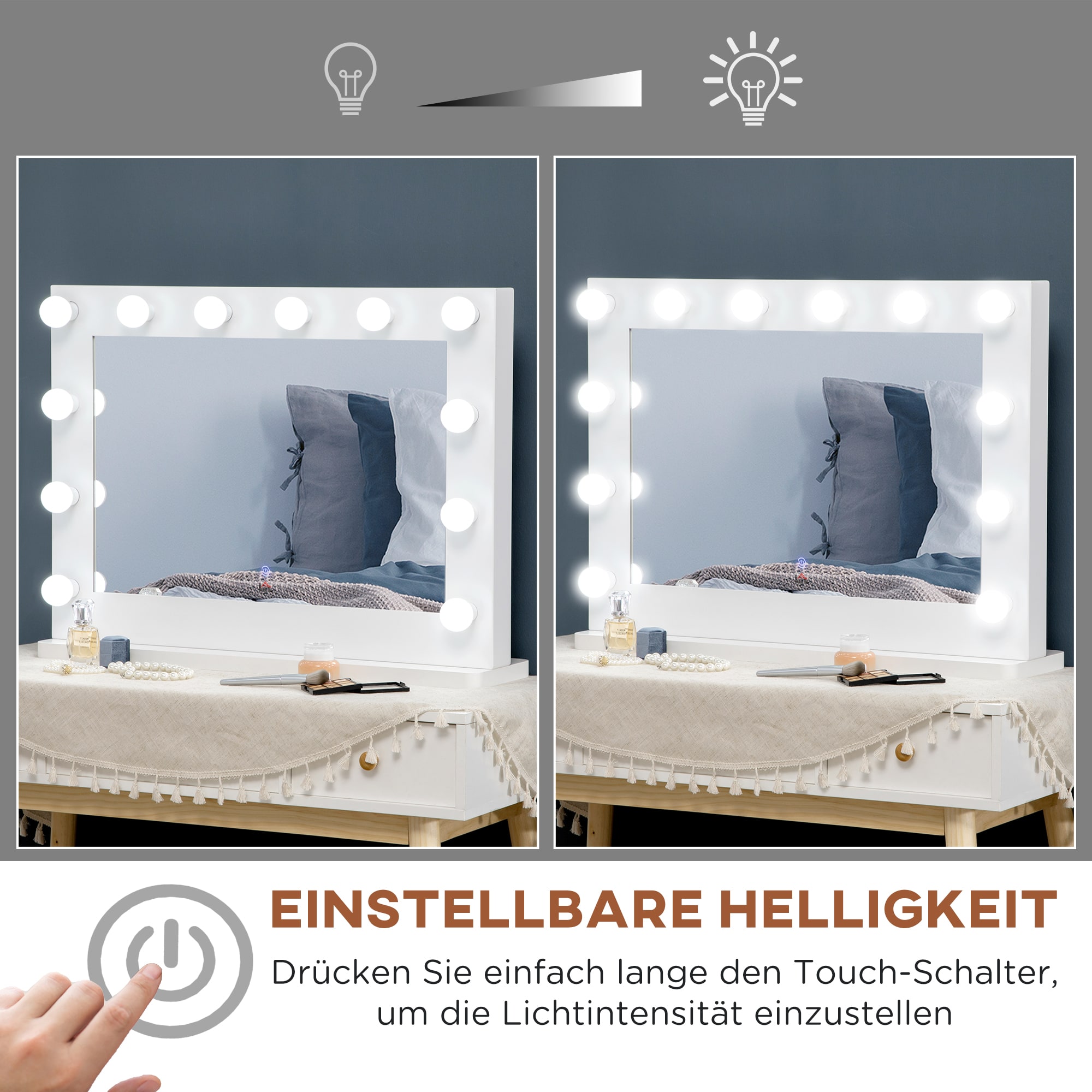 HOMCOM Tischstandspiegel mit 12 LED-Lampen weiß 80L x 60B x 20H cm