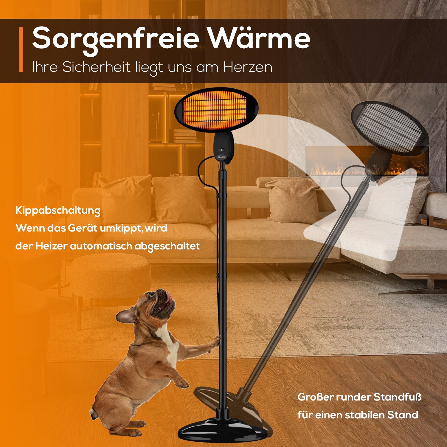 TroniTechnik® Quartz-Heizstrahler mit 3 Stufen, Standstrahler mit verstellbarer Teleskopstange und Kopf, 2000 Watt Terrasse