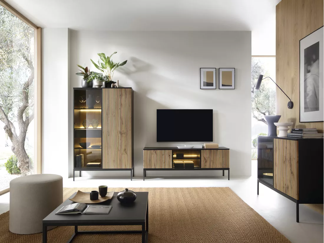 Meuble TV 3 portes avec LEDs en MDF et verre fumé - Noir et Naturel - OVILA