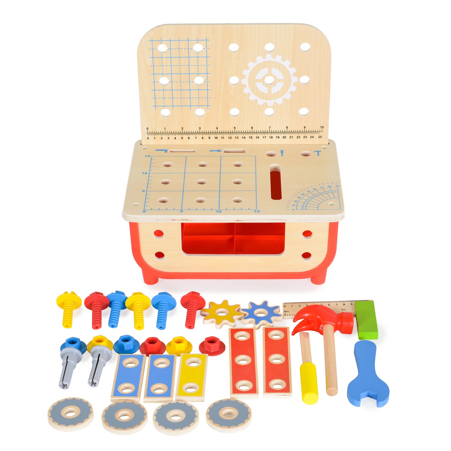 Tooky Toy Kinder Holz Werkbank TF797 Kinderwerkzeug, Hammer, 31 Teile, Schrauben rot