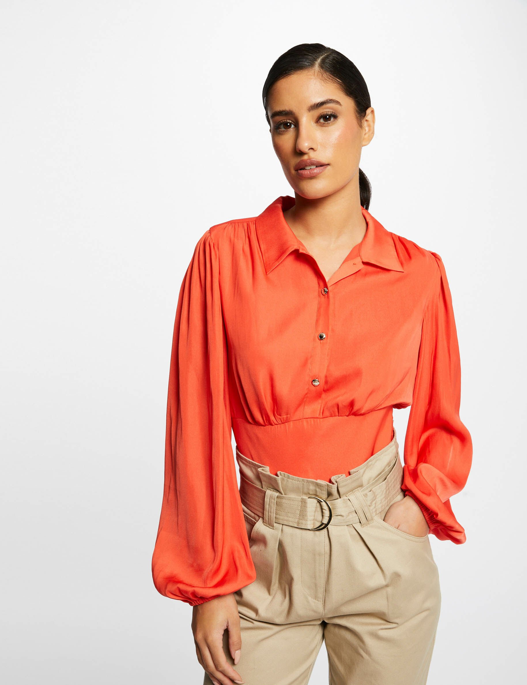 Blouse manches longues bouffantes orange femme - orange