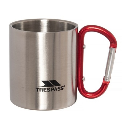 Caneca Trespass de metal com mosquetão, modelo Bruski, ideal para viagens, camping e montanhismo.