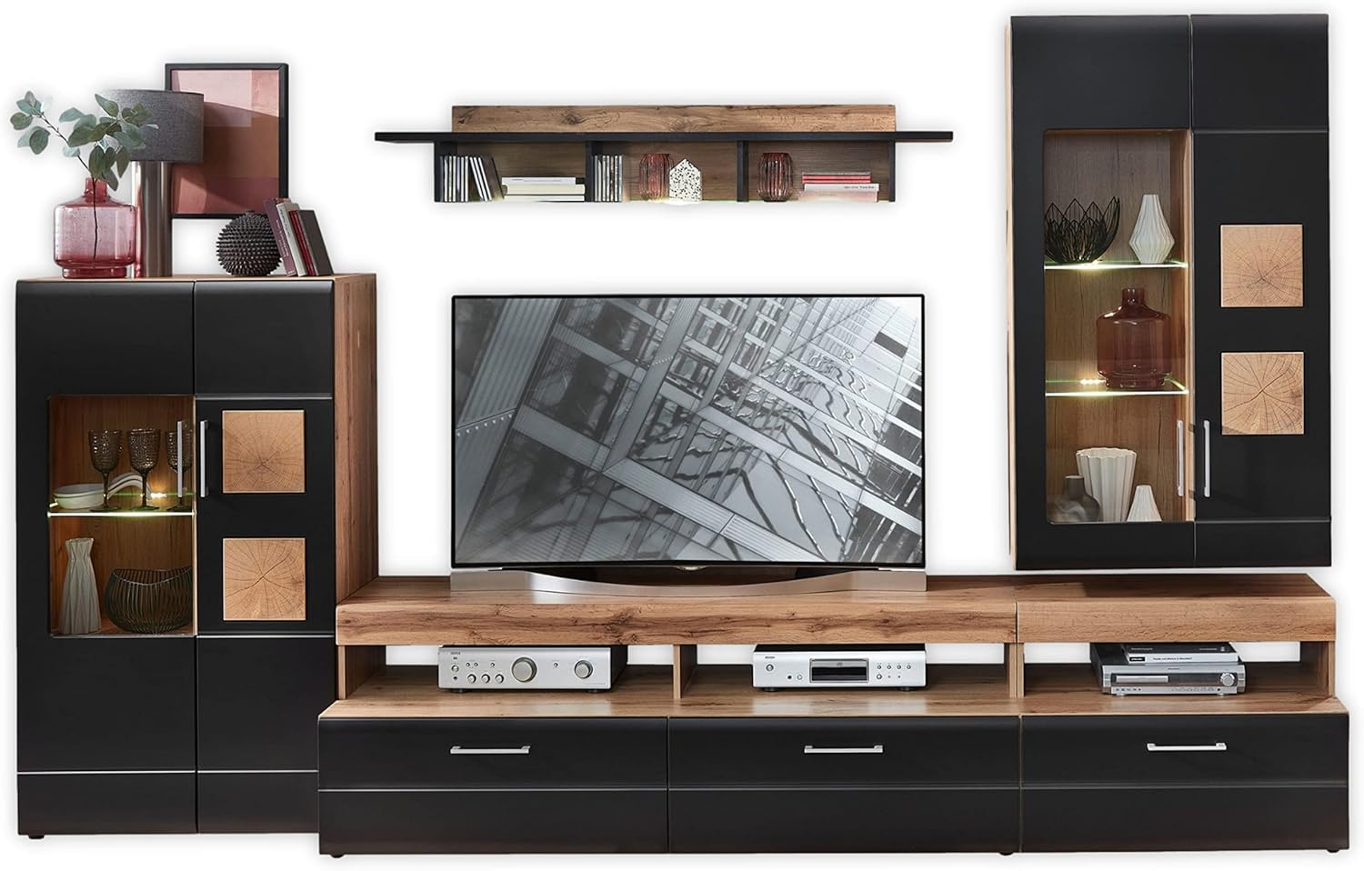Stella Trading SONATE Wohnwand Komplett-Set in Eiche Altholz Optik, Schwarz - Moderne Schrankwand mit LED-Beleuchtung für Ihr Wohnzimmer - 330 x 208 x 52 cm (B/H/T)