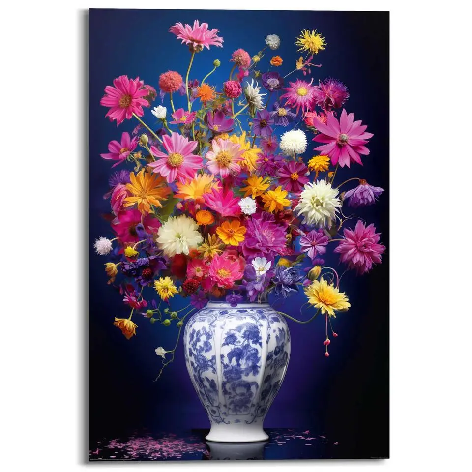 Schilderij Delft Flowers - 90x60cm - Bont