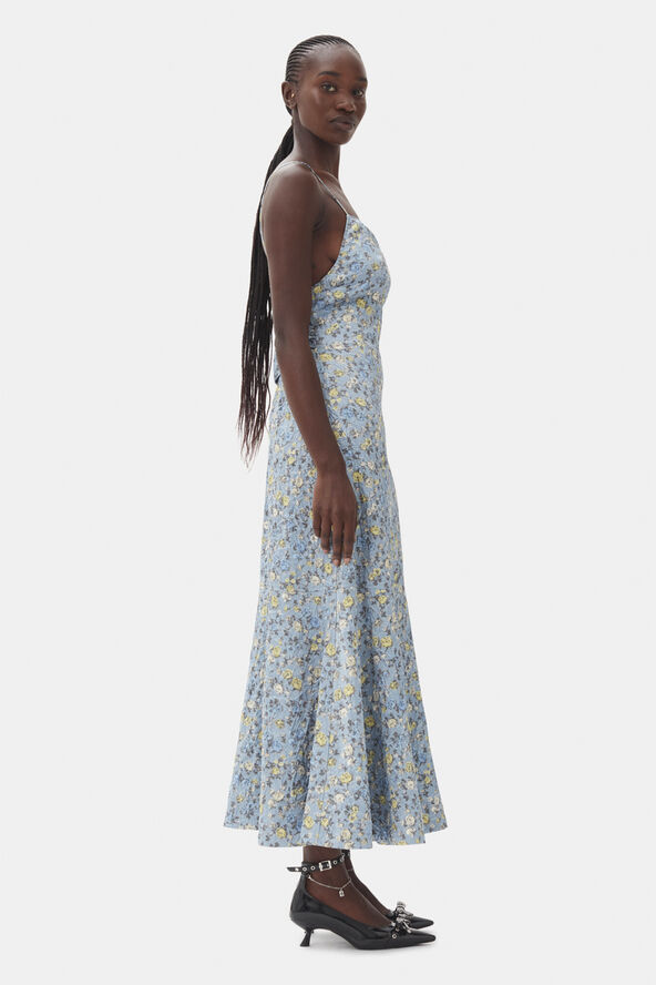 Ganni Crinkled Satin Open Back Long Slip Dusty blue