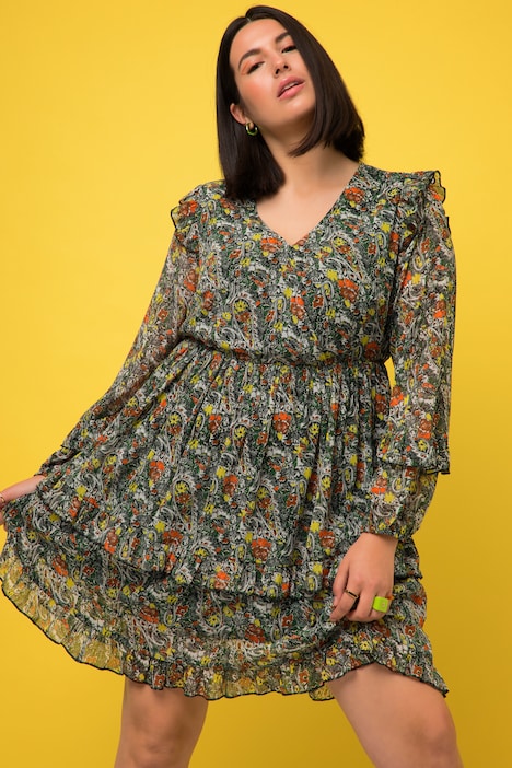 Minikleid, A-Line, Paisley Print, V-Ausschnitt, Volants