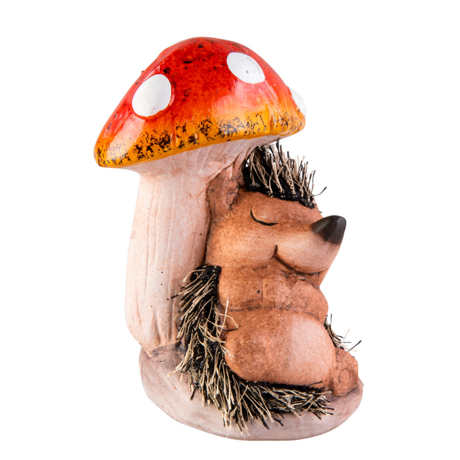 Igel mit Kunsfell an Pilz lehnend - ca. 9 x 8,5 x 12 cm