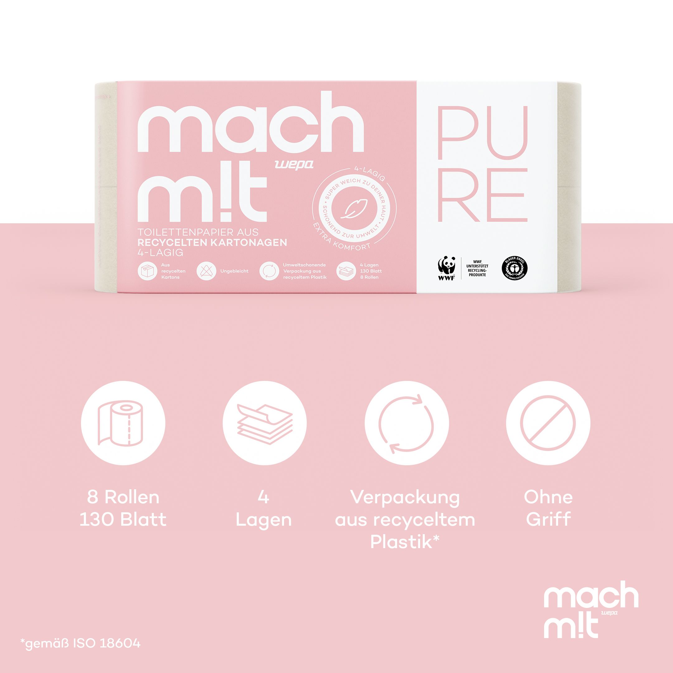 mach m!t PURE Toilettenpapier 4-lagig aus recyceltem Karton