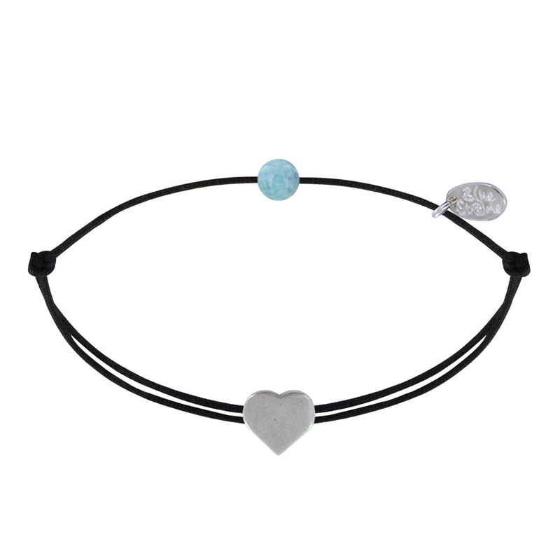 Bracelet Lien Mon Petit Coeur Argent et Perle de Larimar - Noir