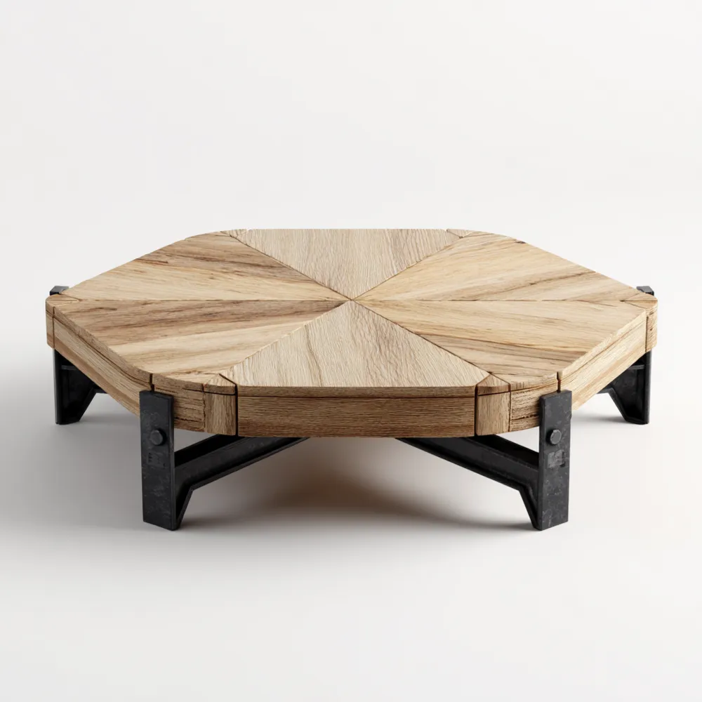 Sechseckiger Couchtisch aus Massivholz Eiche mit Metall - 90x90x25 cm - Naturholz/Schwarz