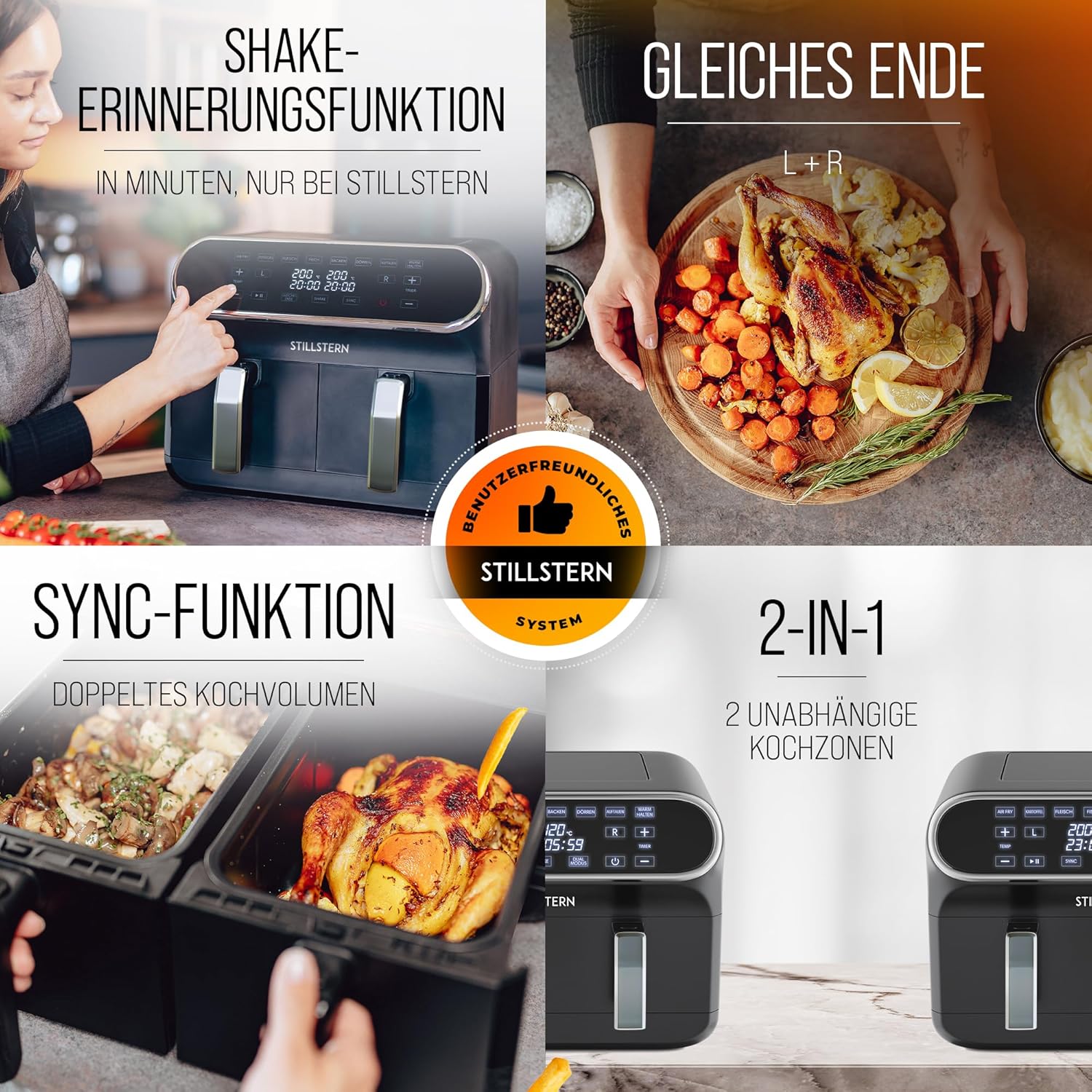 Stillstern Heißluftfritteuse 2 Kammern 8L Dual Zone Airfryer XXL, 2400W, Ausgezeichnet 1,2 (Sehr Gut), Fritteuse Air Fryer, Rezeptbuch, Auftauen&Warmhalten Heissluftfritteuse Doppelkammer, Air Fryers