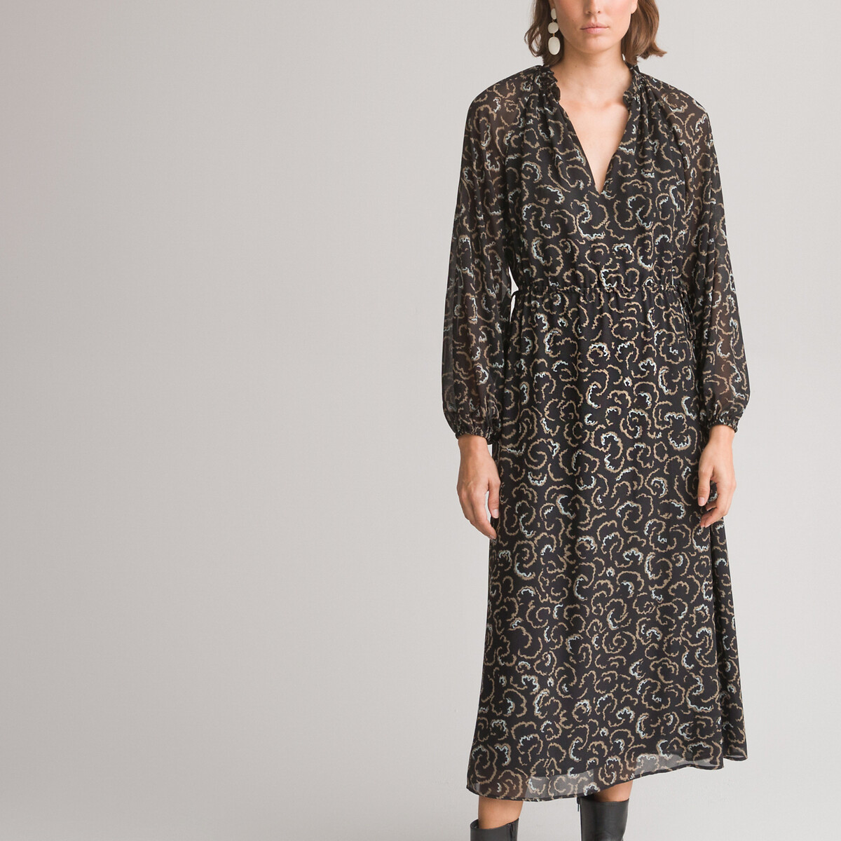 COLEÇÃO LA REDOUTE<br>Vestido longo, decote em V, mangas compridas