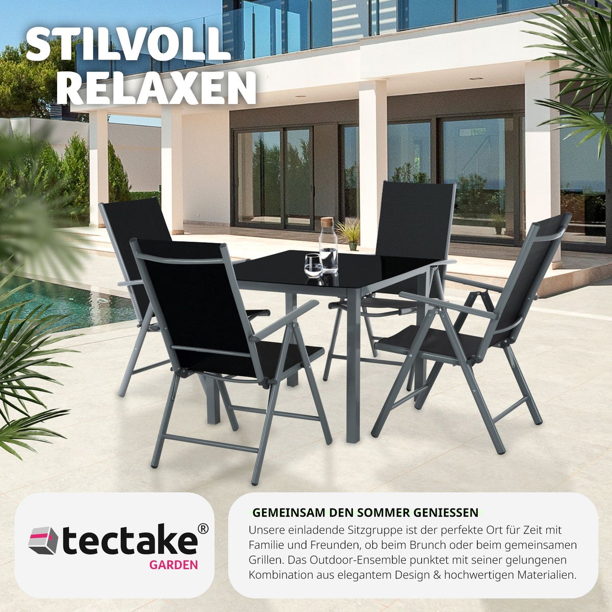 tectake Stabia zitgroep met aluminium frame, voor 4 personen, tafel met veiligheidsglasplaat en stelschroeven