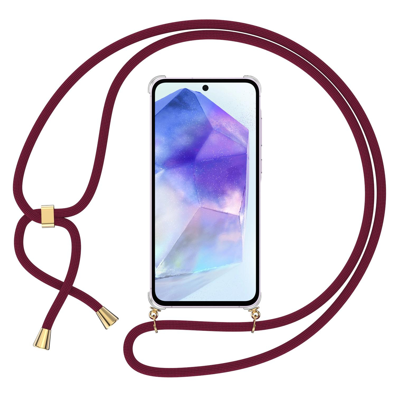 Samsung Galaxy A35 Necklace Gummi Hülle Air Cushion Fallschutz   Handykette (150cm) - Dunkelrot / Gold