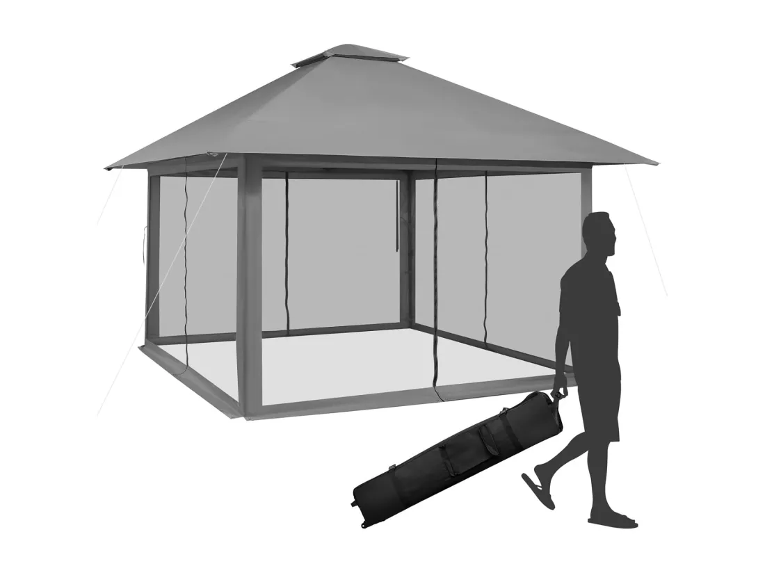 Tonnelle de Jardin Pliante 4 x 4M Pop-up avec Parois Latérales en Maille à Fermeture Éclair, Tente Réception Double Toit Hauteur Réglable Sac de Transport Anti UV,Gris