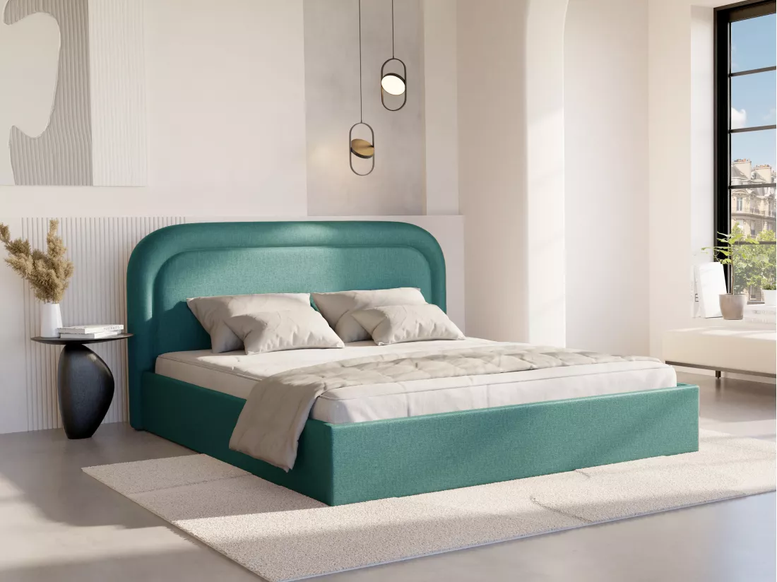 Lit coffre 160 x 200 cm - Tissu chiné - Bleu canard - FIREZA