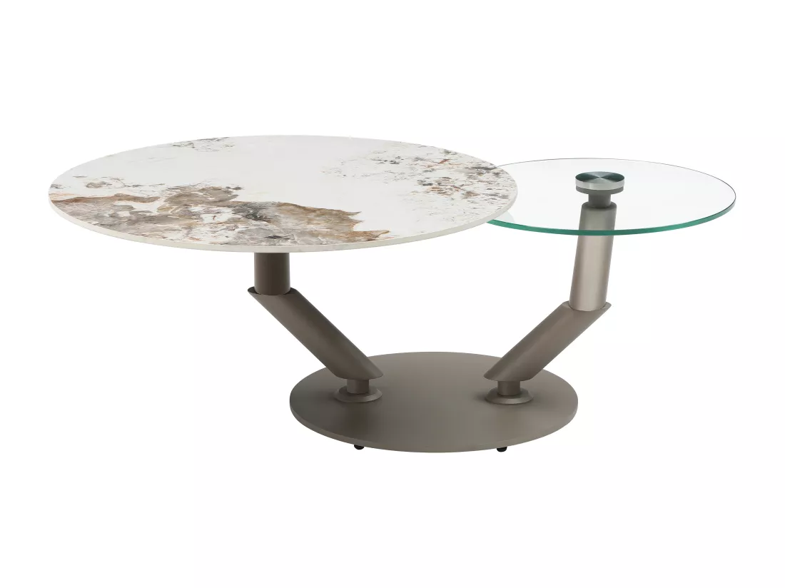 Table basse avec plateaux pivotants en céramique, verre trempé et métal taupe - Effet marbre blanc et gris - ELDOVA