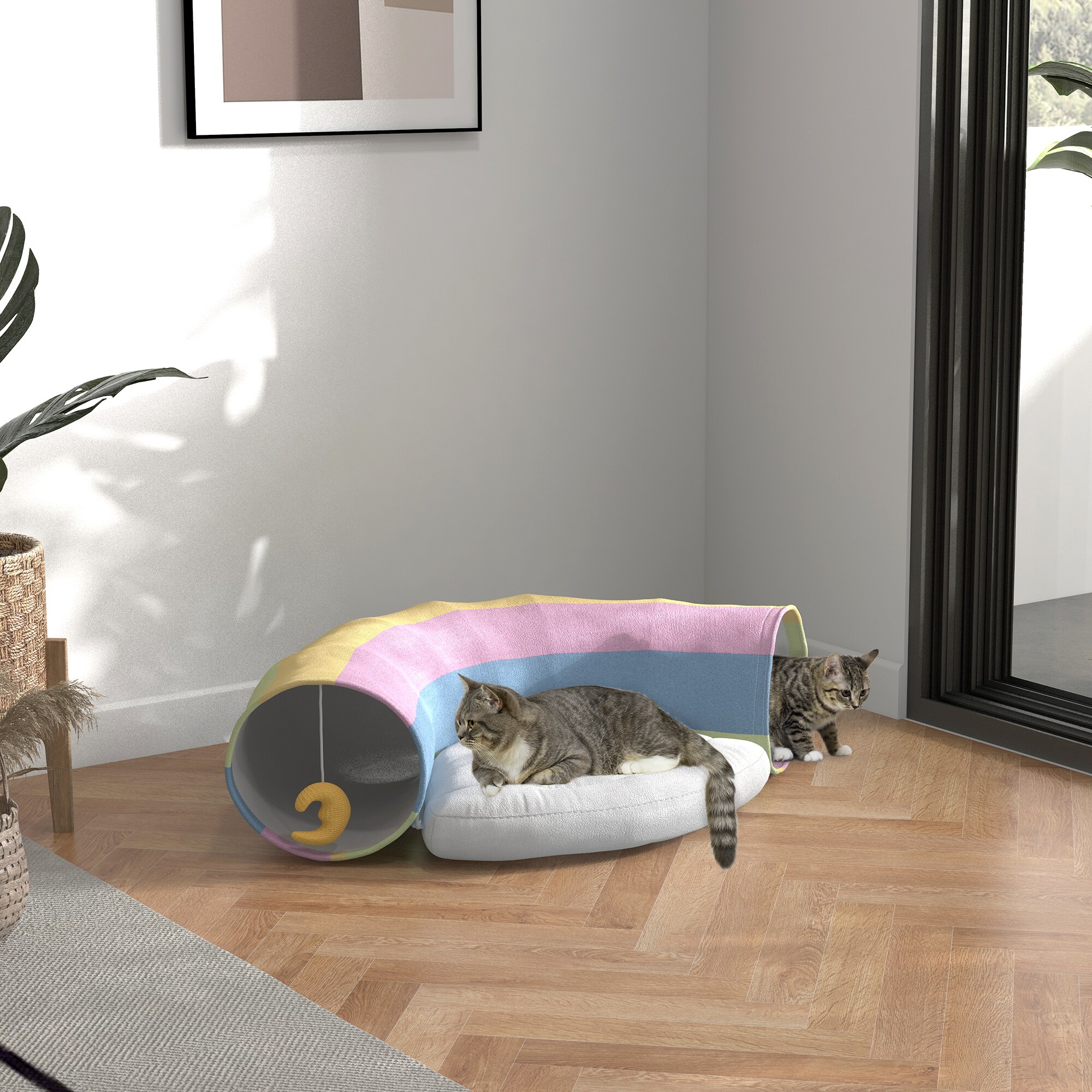 PawHut Katzentunnel mit Spielzeug bunt 105L x 65B x 28H cm