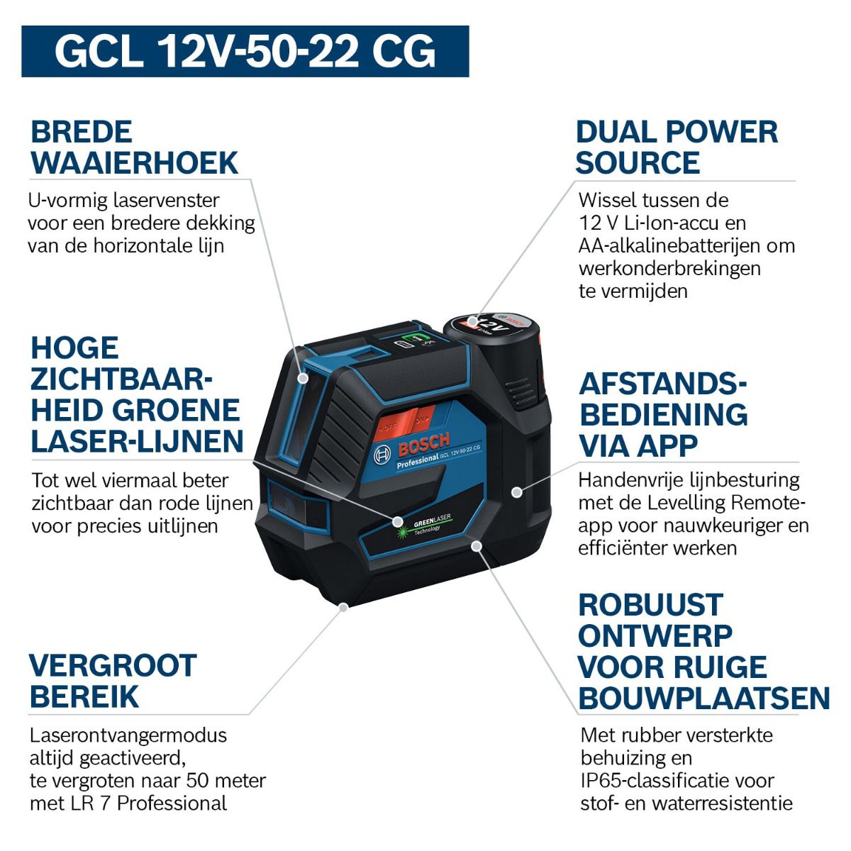 Bosch Professional GCL 12V-50-22 CG Punt- en kruislijnlaser groen   BT 150 statief 12V Basic Body met batterijhouder - 0601066S01