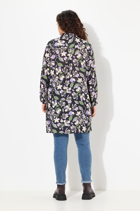 Longbluse, Blüten, A-Linie, Hemdkragen, Langarm