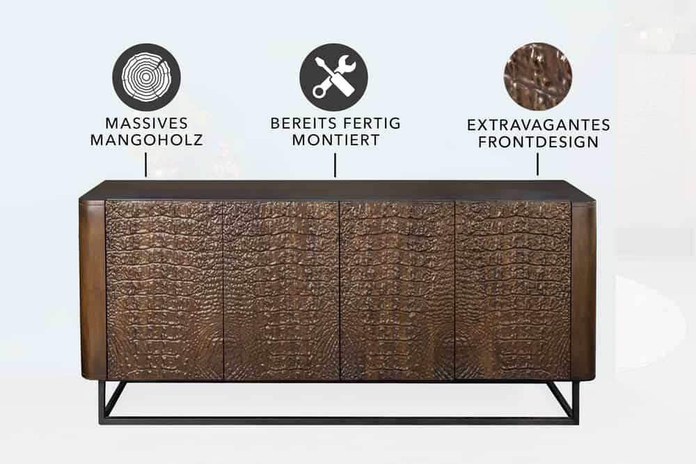 Handgefertigtes Sideboard CROCO 180cm gold braun Mangoholz mit 3D Schnitzereien massiv schwarz Metall