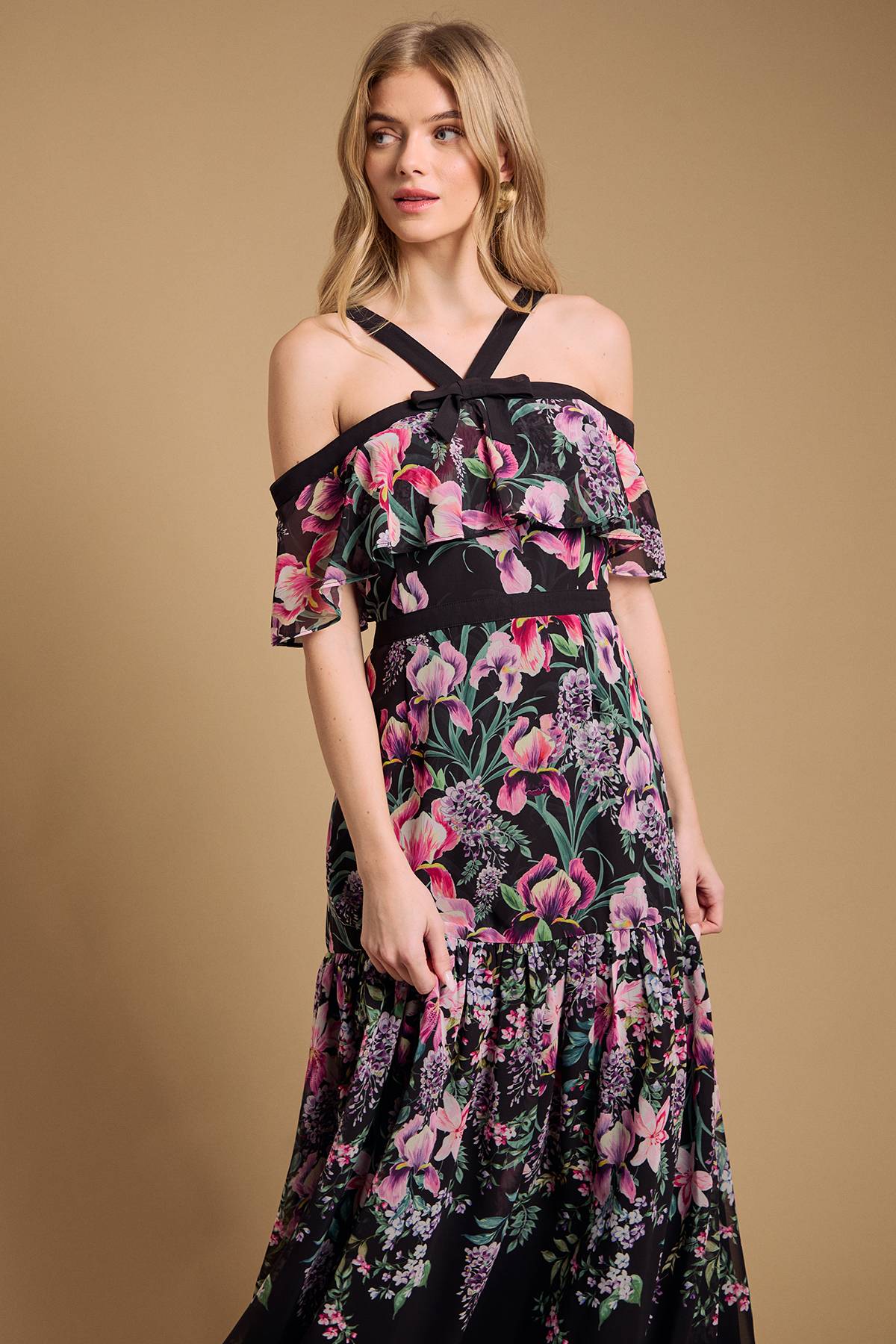 Oasis Robe Bardot à Col Licou avec Détail Nœud