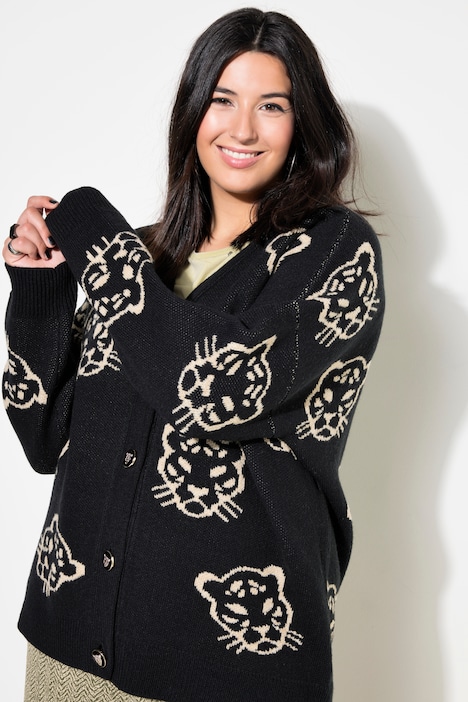 Strickjacke, oversized, Leo-Köpfe
