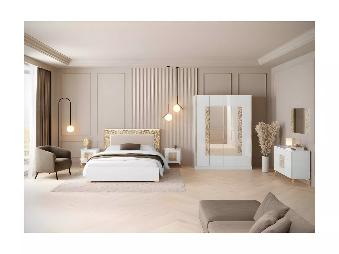 Chambre complète 160x200 Blanc brillant/Or - NAHESA