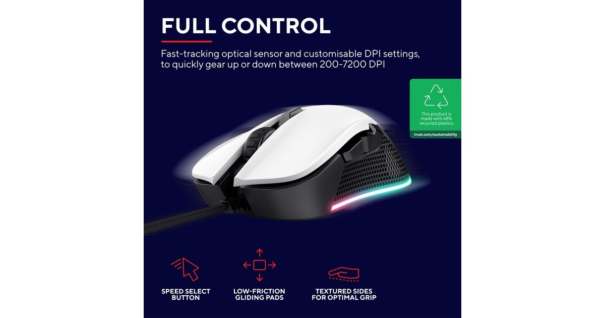 TrustGXT 922 Ybar ECO gaming muis  (Wit, RGB | 200 - 7200 dpi)