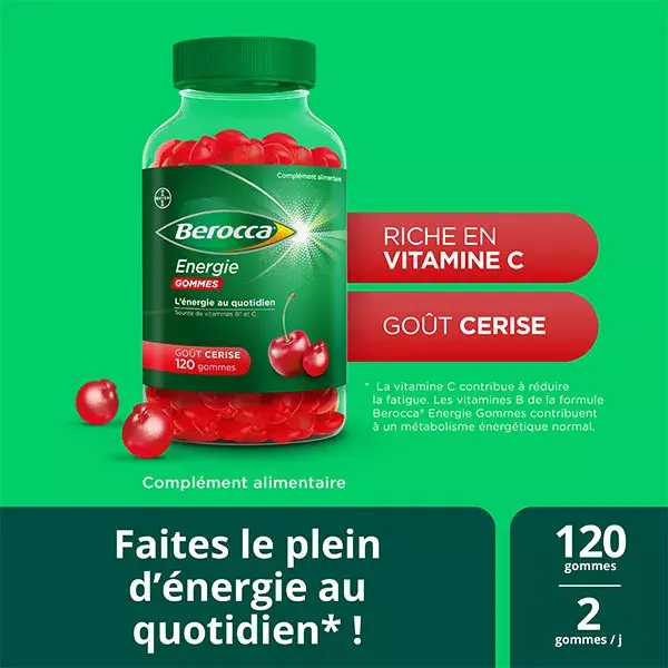 Berocca® Energy 120 gomas Suplemento alimentar multivitamínico sabor cereja