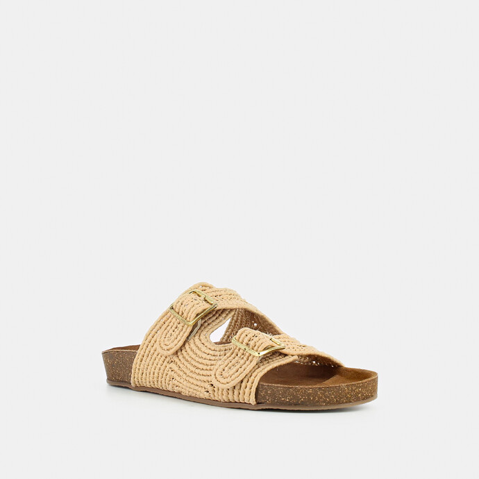 Mules à boucles  en raphia beige