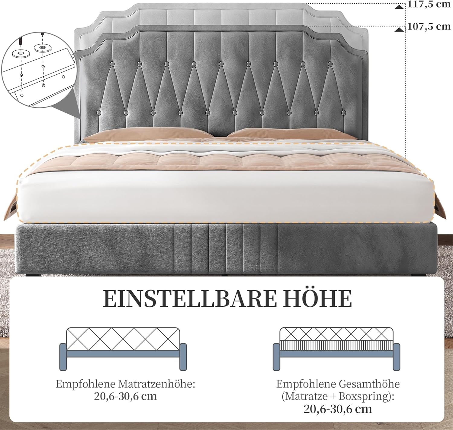 Yaheetech Polsterbett Doppelbett 160 x 200 cm Stoffbett Bettgestell Gepolstertes Bett mit höhenverstellbarem Kopfteil Bettrahmen mit Lattenrost, Hellgrau