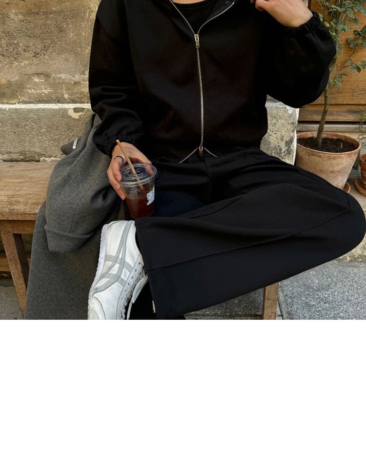 Omozando - Effen hoodie met rits / Elastische taille, rechte pijpen, joggingbroek