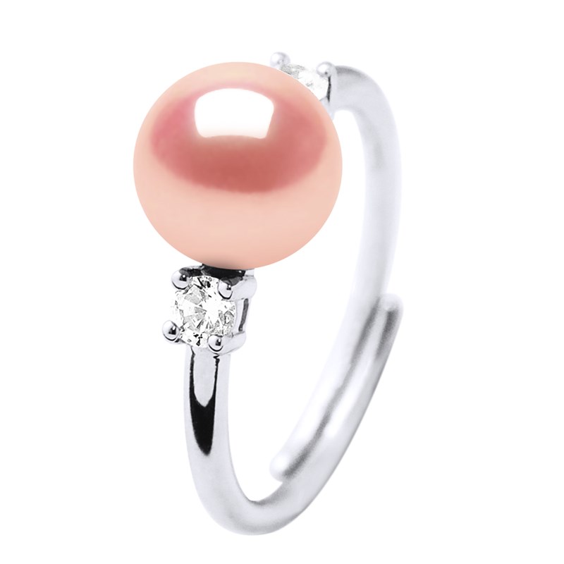 Bague Ajustable Perle d'Eau Douce 7-8 mm Rose Naturel et Oxydes de Zirconium Argent 925