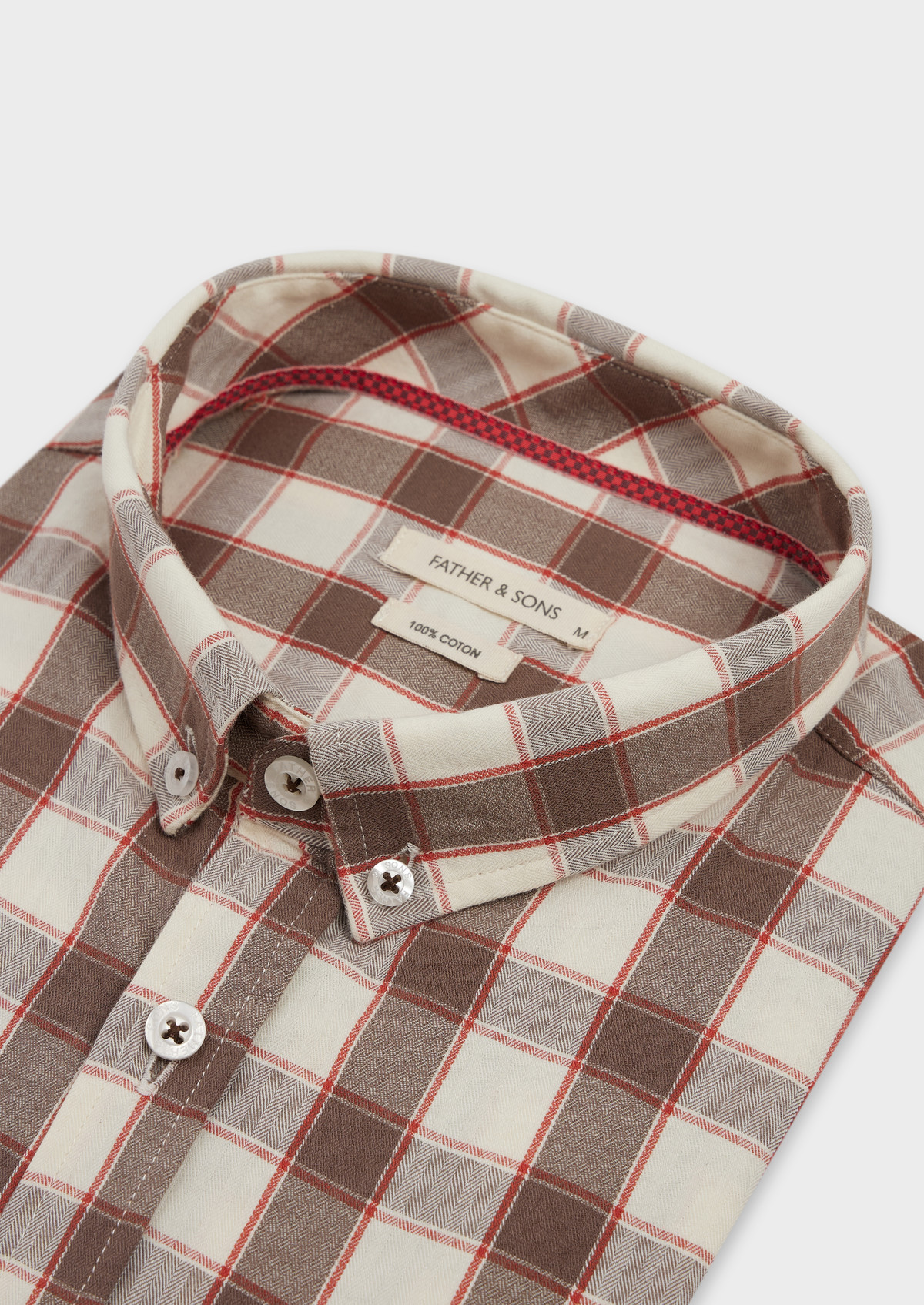 Chemise sport Slim en popeline de coton marron glacé à carreaux écrus