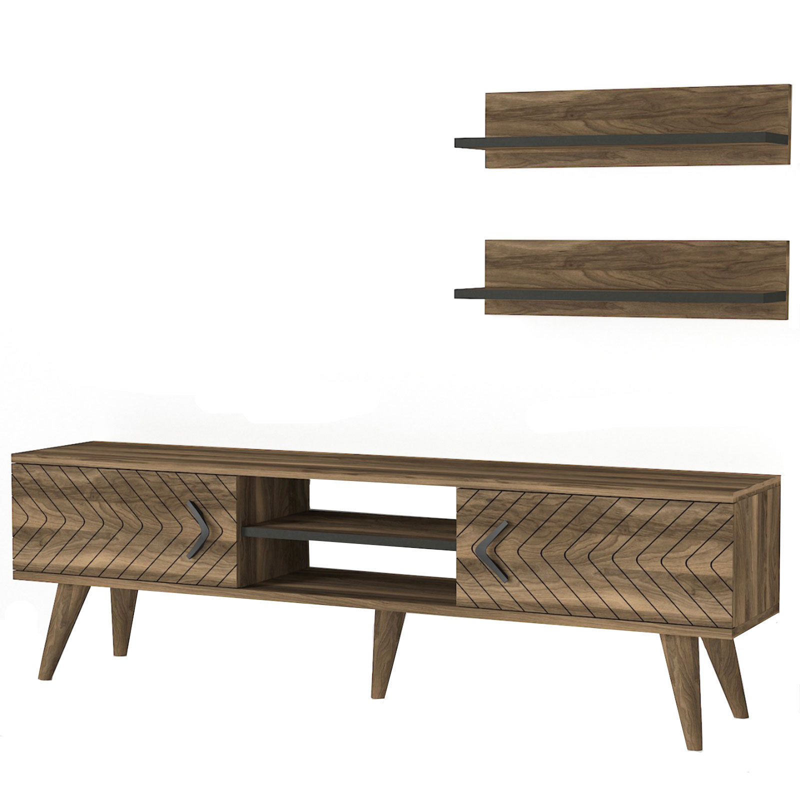 3-teilige Wohnwand- Walnuss - Metallgriffe - 150 cm