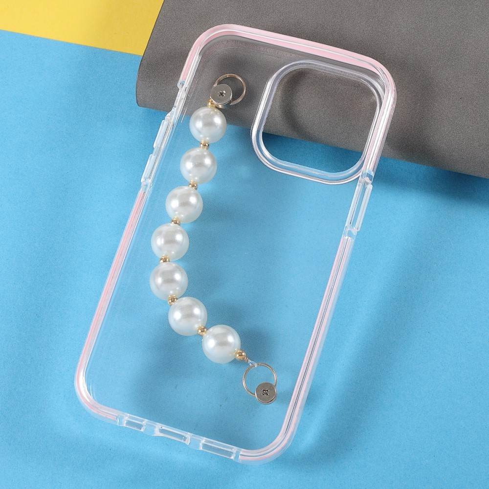 iPhone 13 Pro Hybrid Bumper Gummi Hülle mit Perlenkette Handschlaufe - Transparent / Rosa