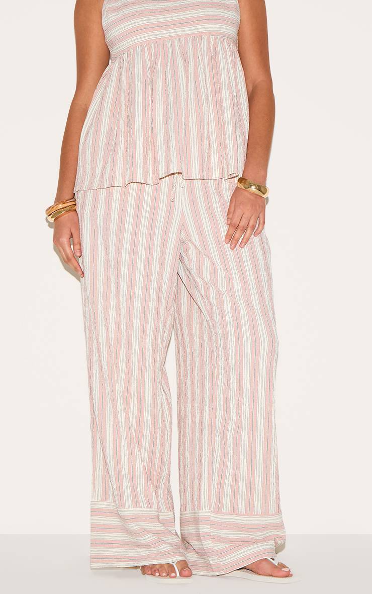 Rose Pantalon Droit Grande Taille À Rayures Texturées Tissées Ensemble Coordonné