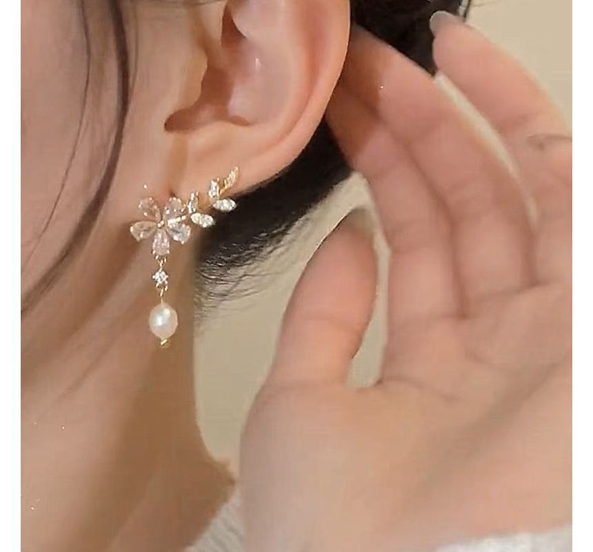 Rosesand - Bloem strass imitatie parel legering oorbel