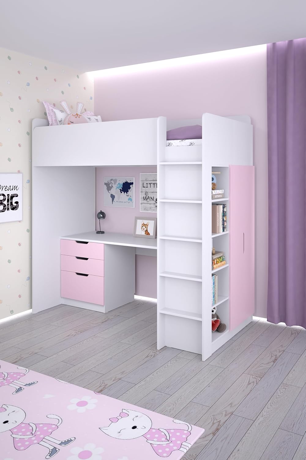 Shefa Kids Hochbett Mit Schreibtisch - Platzsparendes 5-in-1 Hochbett Kinder Mit Treppe, Kleiderschrank, Regal & Arbeitsbereich - Rosa, Belastbar Bis 90 Kg, Maße: 206 x 107 cm