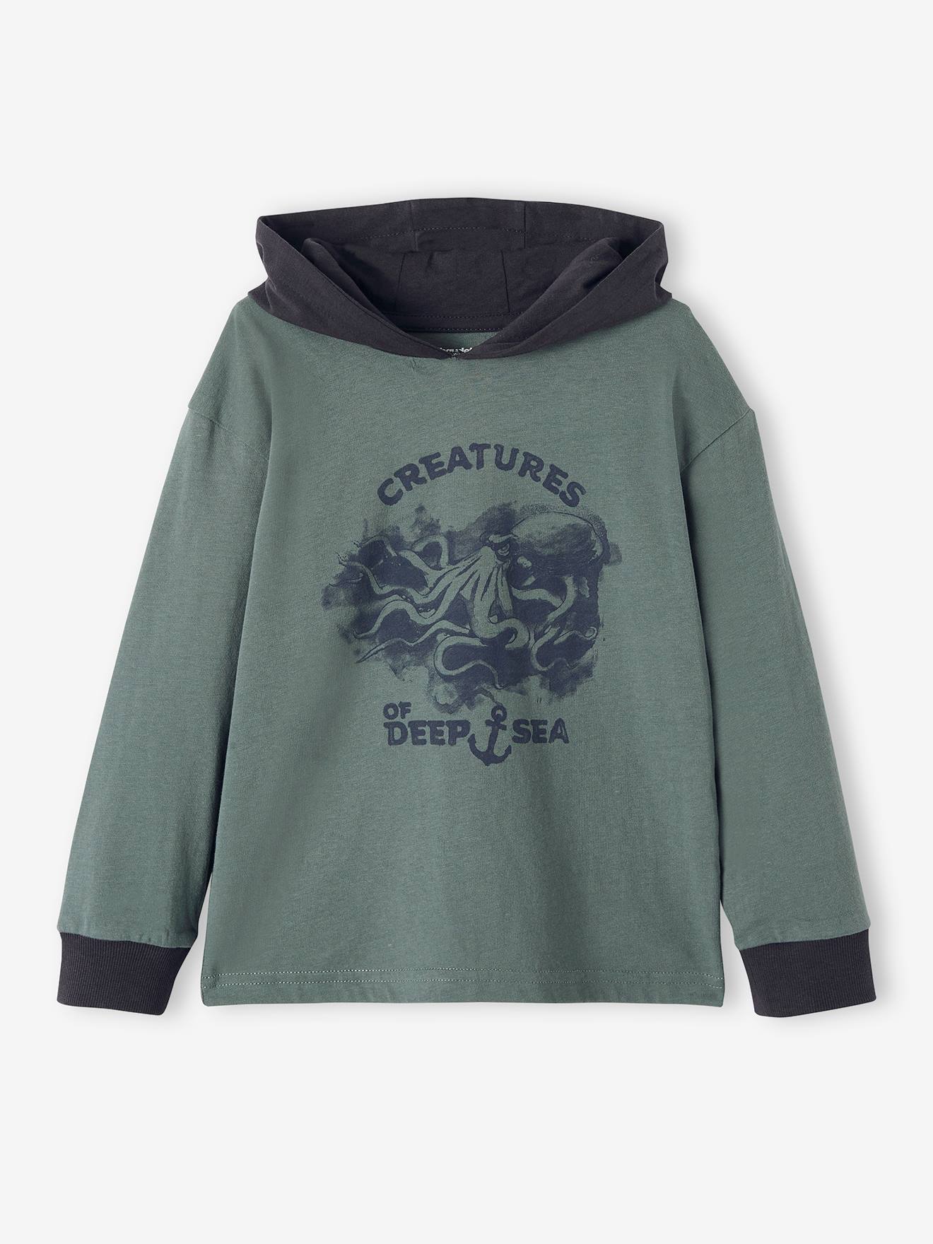 Camiseta com capuz de polvo, tamanho médio infantil, verde lisa com estampas.