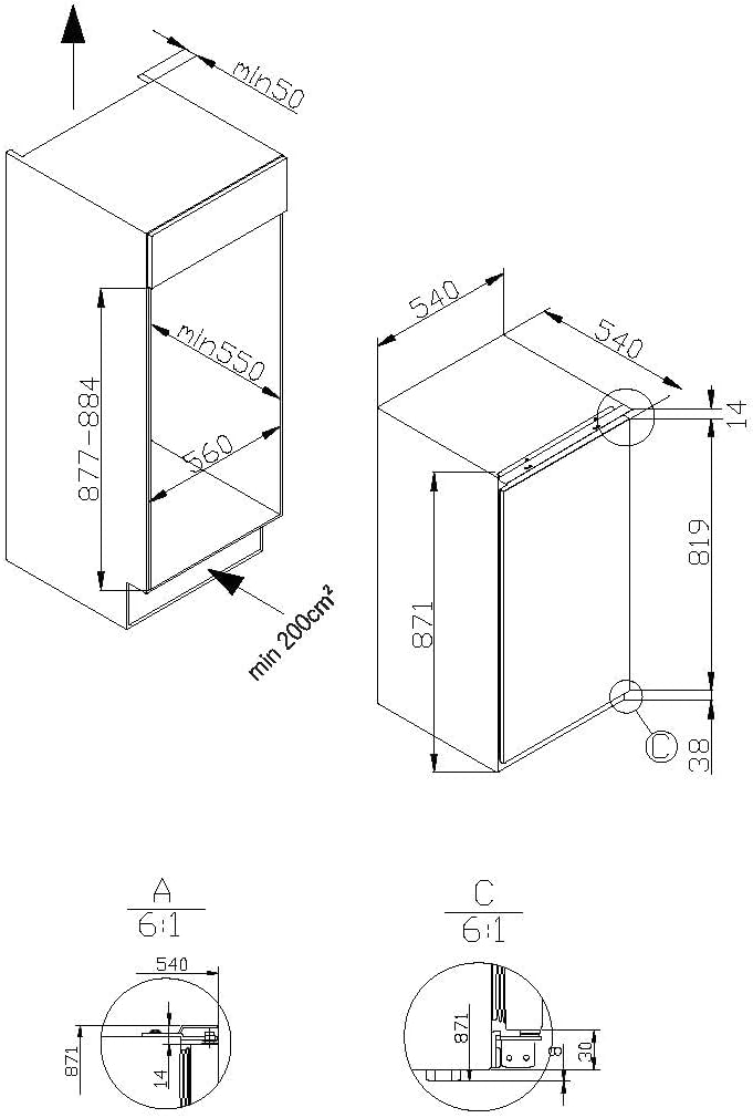 Amica EVKSS 353 900 / Vollraum-Kühlschrank / 880 mm Nische/Schlepptür-Technik/elektronische Steuerung/Inverter-Motor