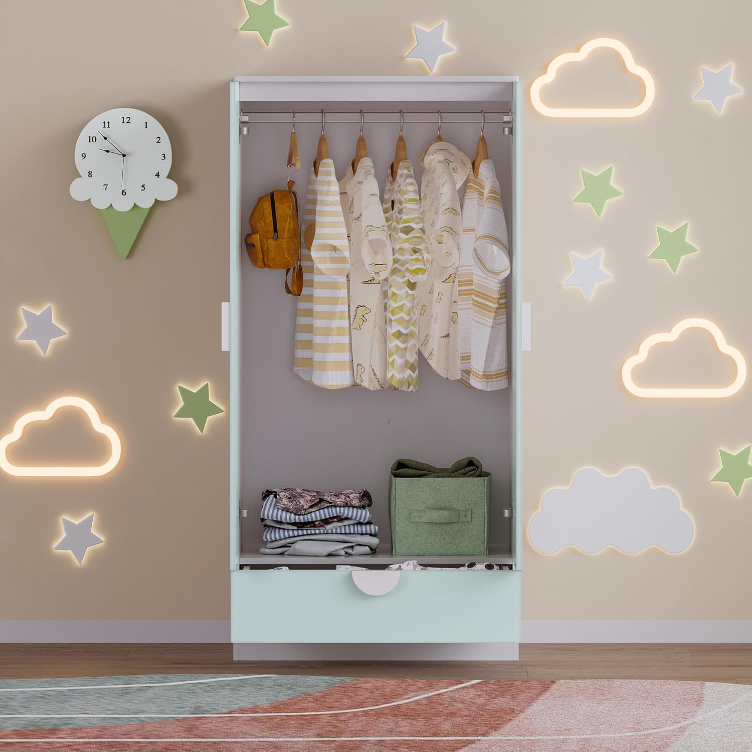 [en.casa] Kinderkleiderschrank Sandnes Garderobenschrank mit 2 Türen und 1 Schublade Kleiderstange Kinderzimmer 123 x 60 x 40 cm Mintgrün/Weiß