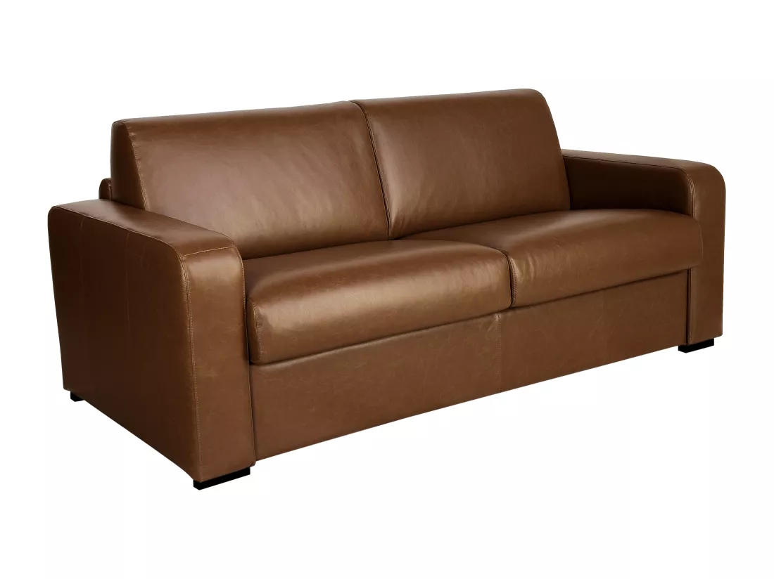 Canapé 4 places convertible express en cuir de buffle vintage caramel matelas 13 cm BEVIS